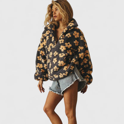 Női virágmintás negyedcipzáras pulóver oversized szabással