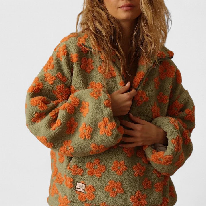 Női virágmintás negyedcipzáras pulóver oversized szabással