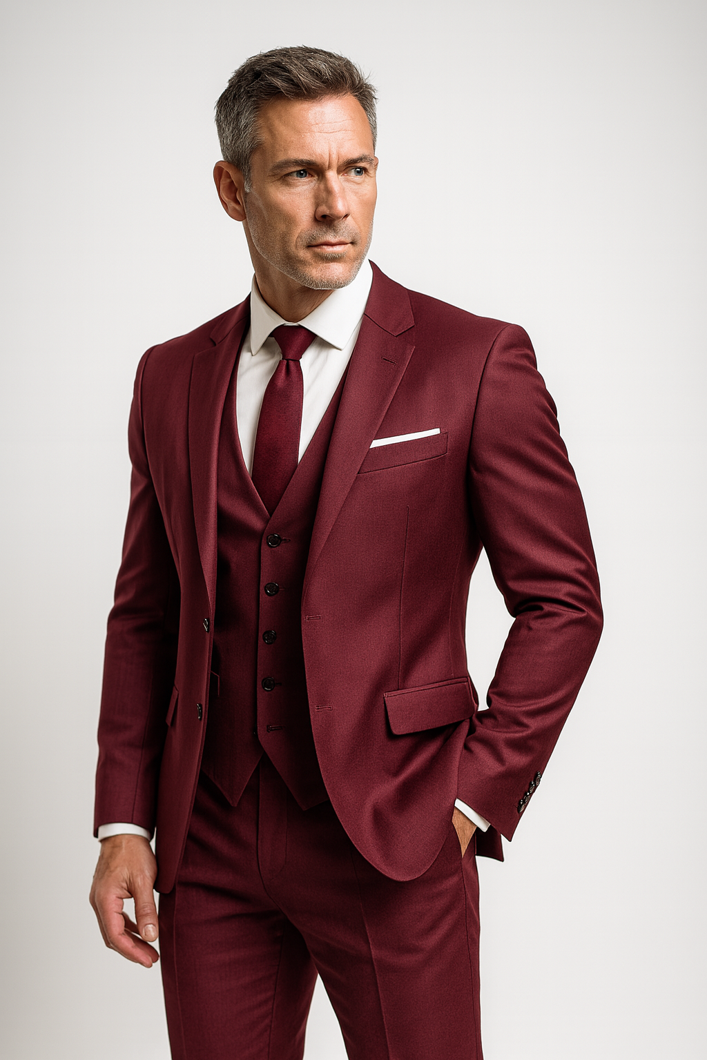 Férfi slim fit háromrészes öltöny mellénnyel formális alkalmakra