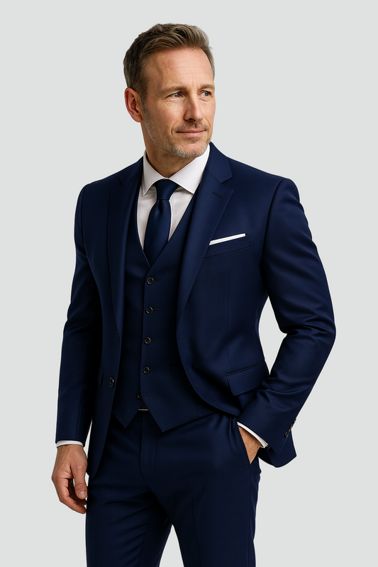 Férfi slim fit háromrészes öltöny mellénnyel formális alkalmakra