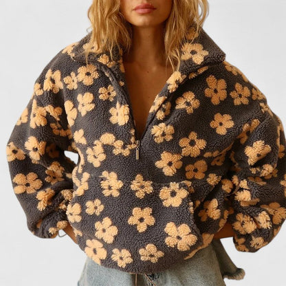 Női virágmintás negyedcipzáras pulóver oversized szabással