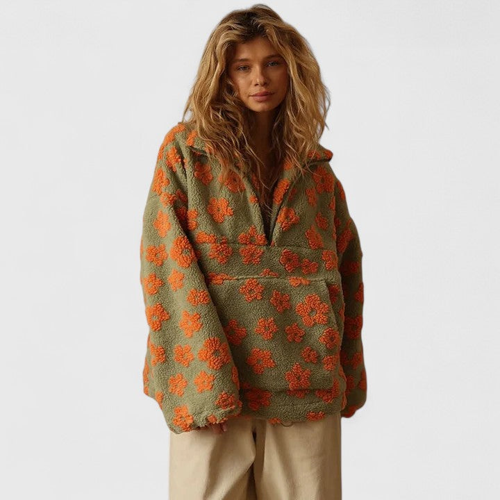 Női virágmintás negyedcipzáras pulóver oversized szabással