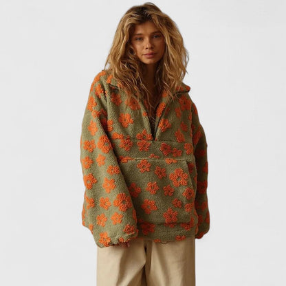 Női virágmintás negyedcipzáras pulóver oversized szabással