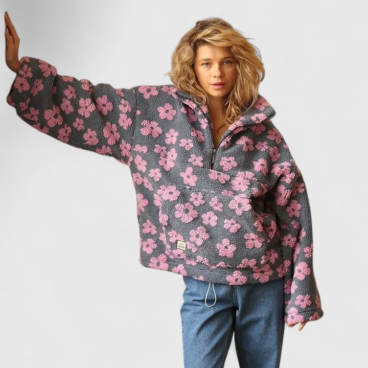 Női virágmintás negyedcipzáras pulóver oversized szabással