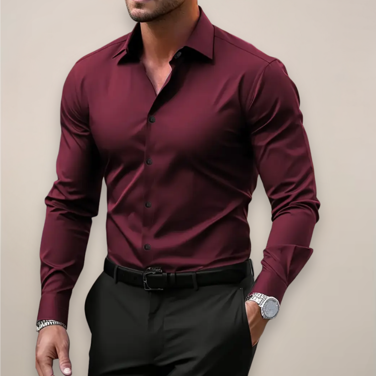 Férfi slim fit hosszú ujjú ing széles gallérral