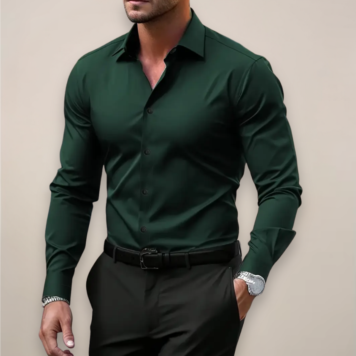 Férfi slim fit hosszú ujjú ing széles gallérral