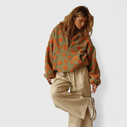 Női virágmintás negyedcipzáras pulóver oversized szabással